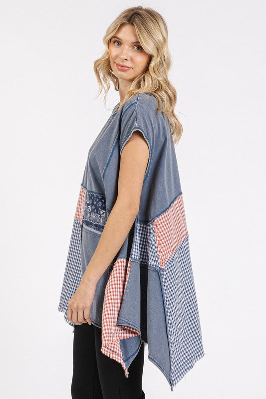 Mittoshop Patchwork Mineral Washed Round Neck Cap Sleeve Top - Fragrance Spice
