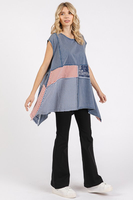 Mittoshop Patchwork Mineral Washed Round Neck Cap Sleeve Top - Fragrance Spice