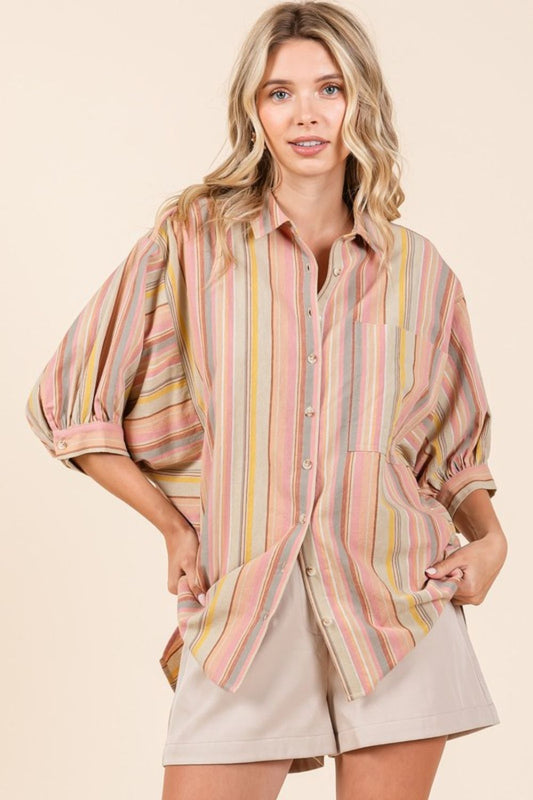 Mittoshop Striped Bubble Sleeve Button Down Shirt - Fragrance Spice