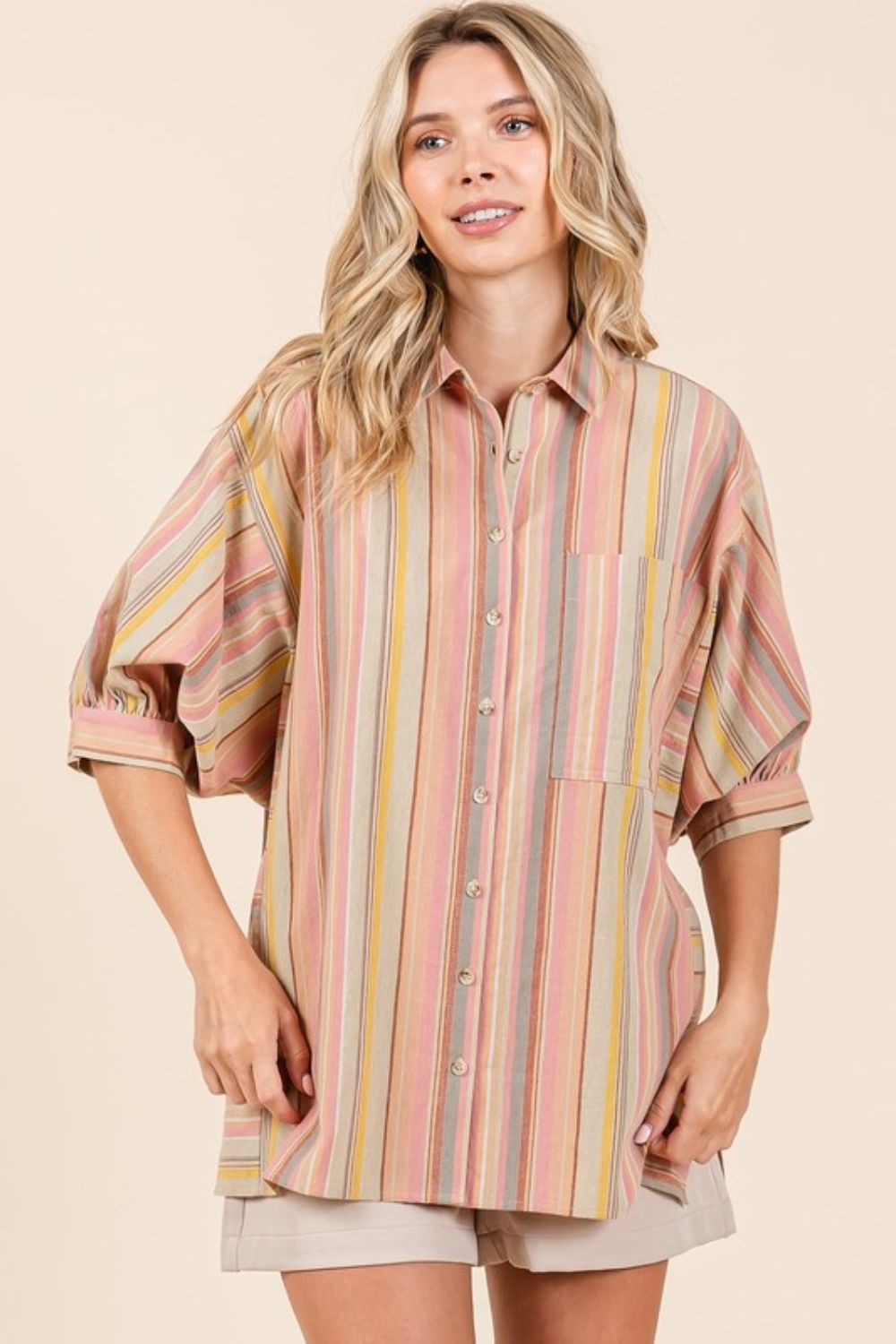 Mittoshop Striped Bubble Sleeve Button Down Shirt - Fragrance Spice