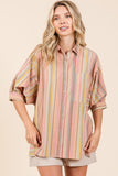 Mittoshop Striped Bubble Sleeve Button Down Shirt - Fragrance Spice