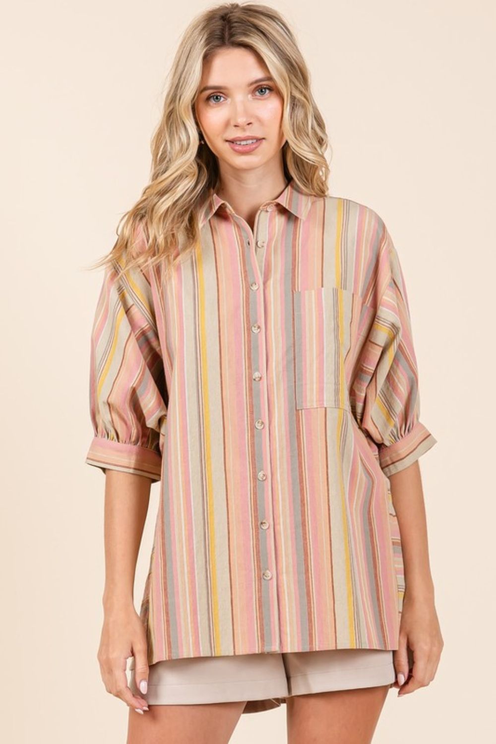 Mittoshop Striped Bubble Sleeve Button Down Shirt - Fragrance Spice