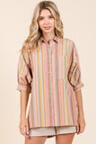 Mittoshop Striped Bubble Sleeve Button Down Shirt - Fragrance Spice