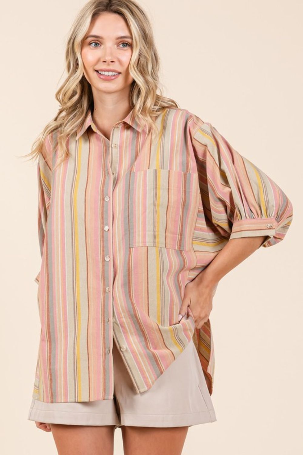 Mittoshop Striped Bubble Sleeve Button Down Shirt - Fragrance Spice