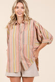 Mittoshop Striped Bubble Sleeve Button Down Shirt - Fragrance Spice