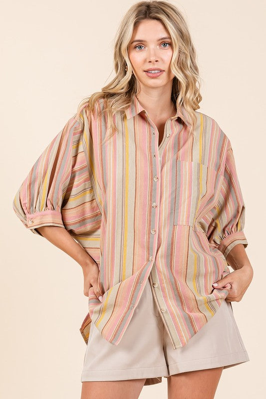 Mittoshop Striped Bubble Sleeve Button Down Shirt - Fragrance Spice