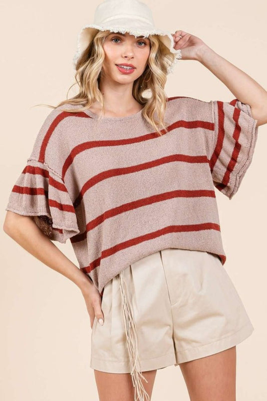 Mittoshop Striped Flounce Sleeve Knit Top - Fragrance Spice