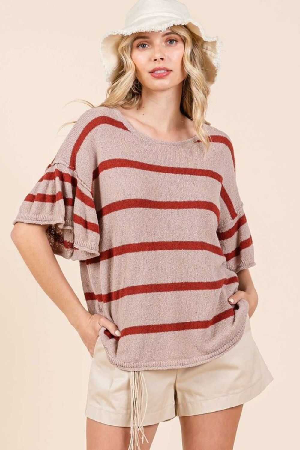 Mittoshop Striped Flounce Sleeve Knit Top - Fragrance Spice