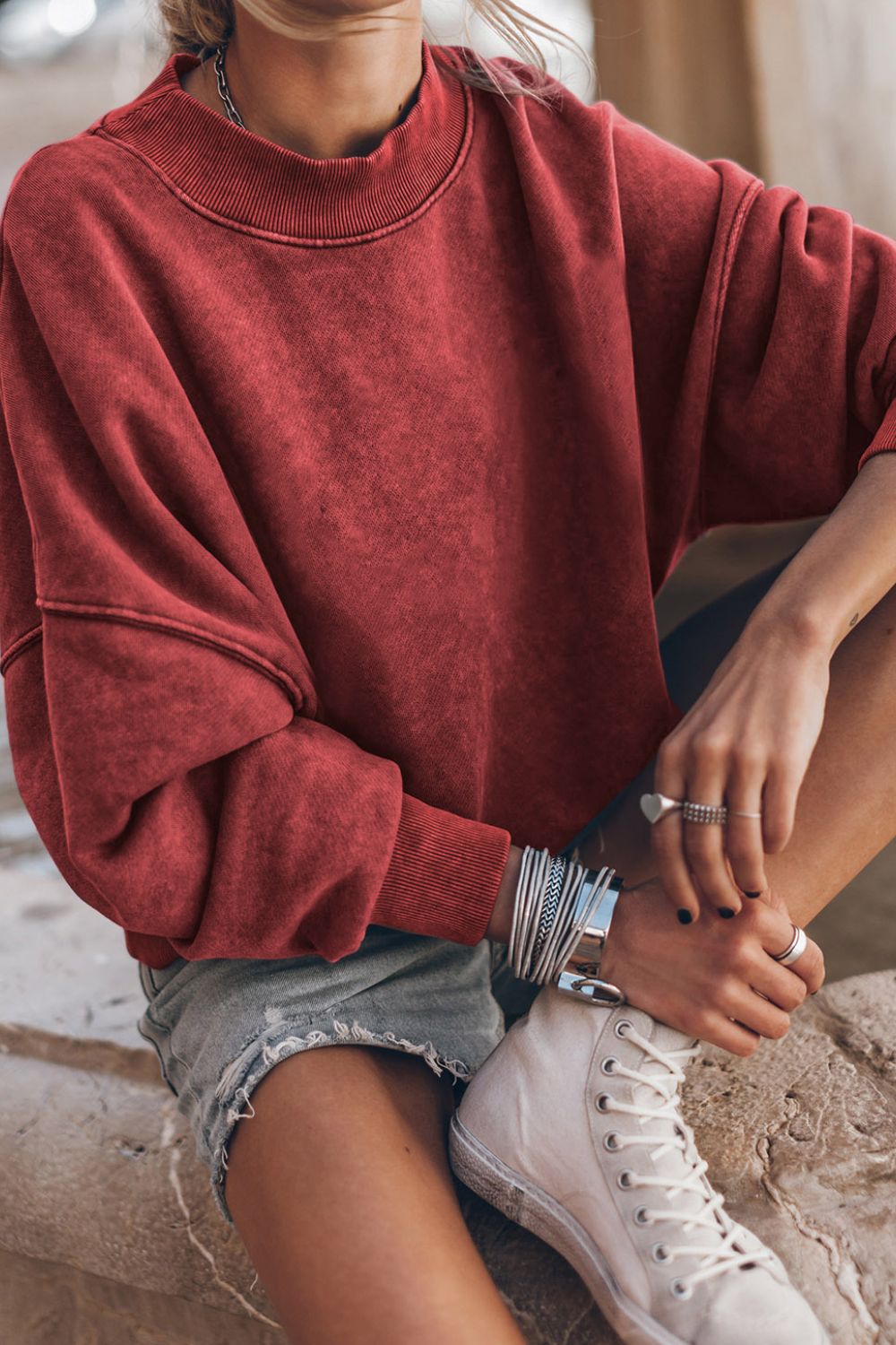 Mock Neck Dropped Shoulder Sweatshirt - Fragrance Spice