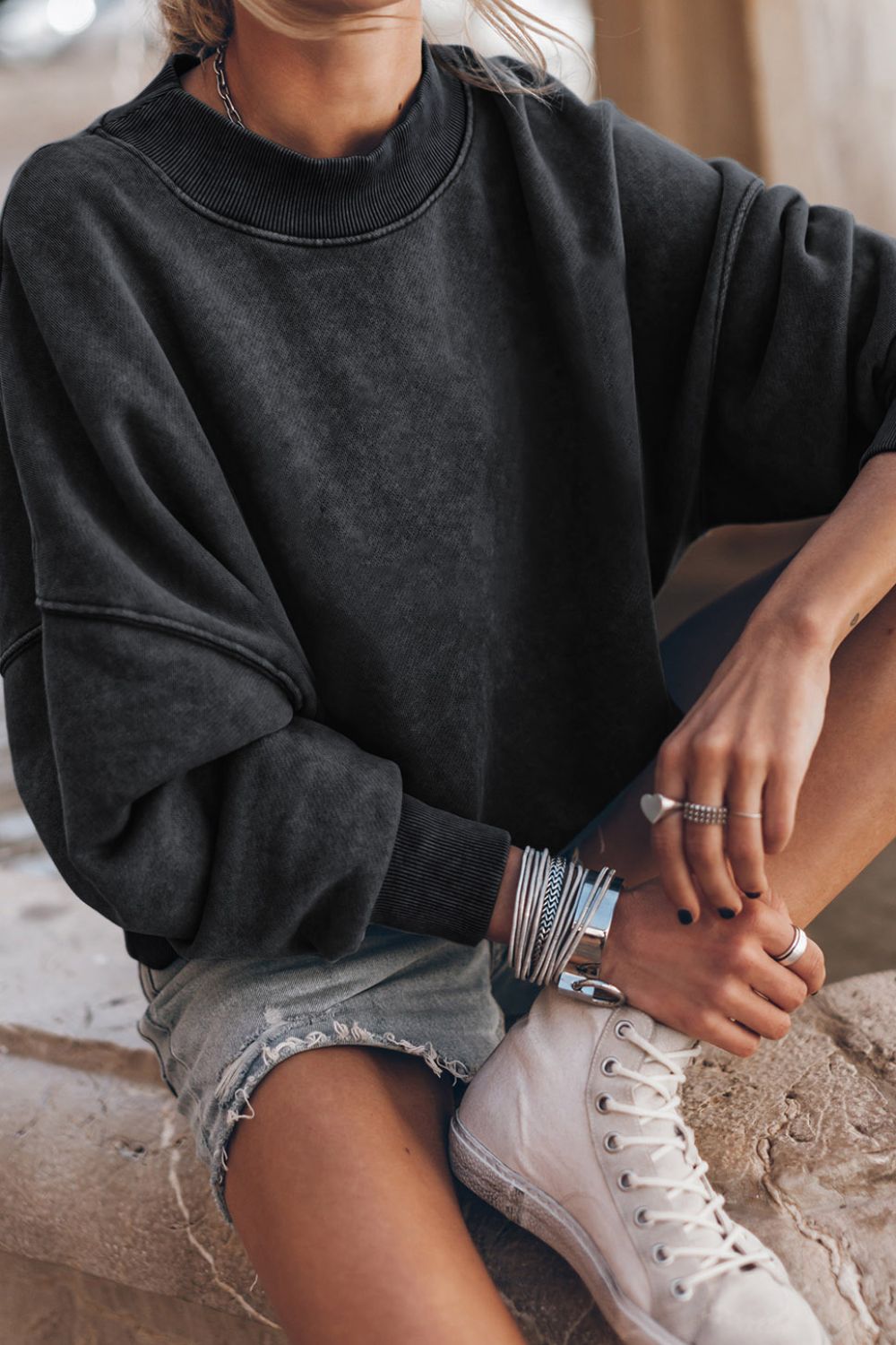 Mock Neck Dropped Shoulder Sweatshirt - Fragrance Spice