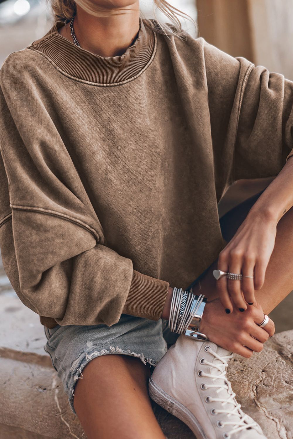 Mock Neck Dropped Shoulder Sweatshirt - Fragrance Spice