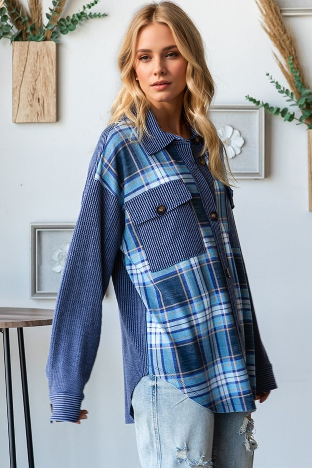 Oh Plaid Button Up Long Sleeve Shacket with Breast Pockets - Fragrance Spice