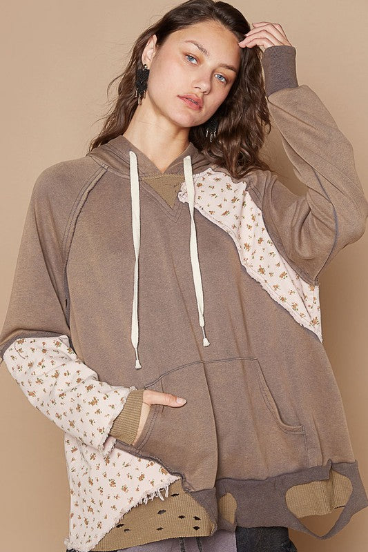 POL Floral Patchwork Distressed Drawstring Hoodie - Fragrance Spice