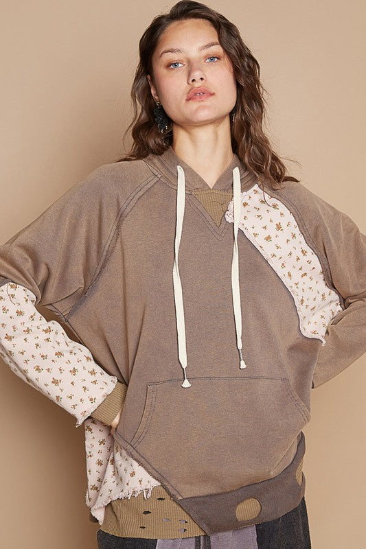 POL Floral Patchwork Distressed Drawstring Hoodie - Fragrance Spice