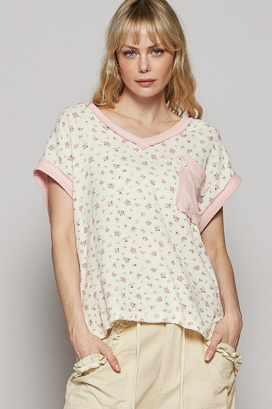 POL Floral V-Neck Short Sleeve T-Shirt - Fragrance Spice