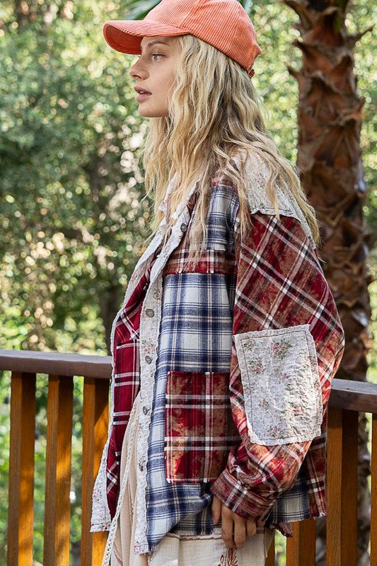 POL Patchwork Plaid Button Up Shirt - Fragrance Spice
