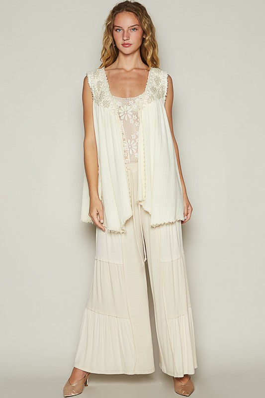 POL Pearl Detail Open Front Sleeveless Cardigan - Fragrance Spice