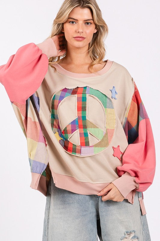 SAGE + FIG Full Size Contrast Peace Patch Dropped Shoulder Sweatshirt - Fragrance Spice