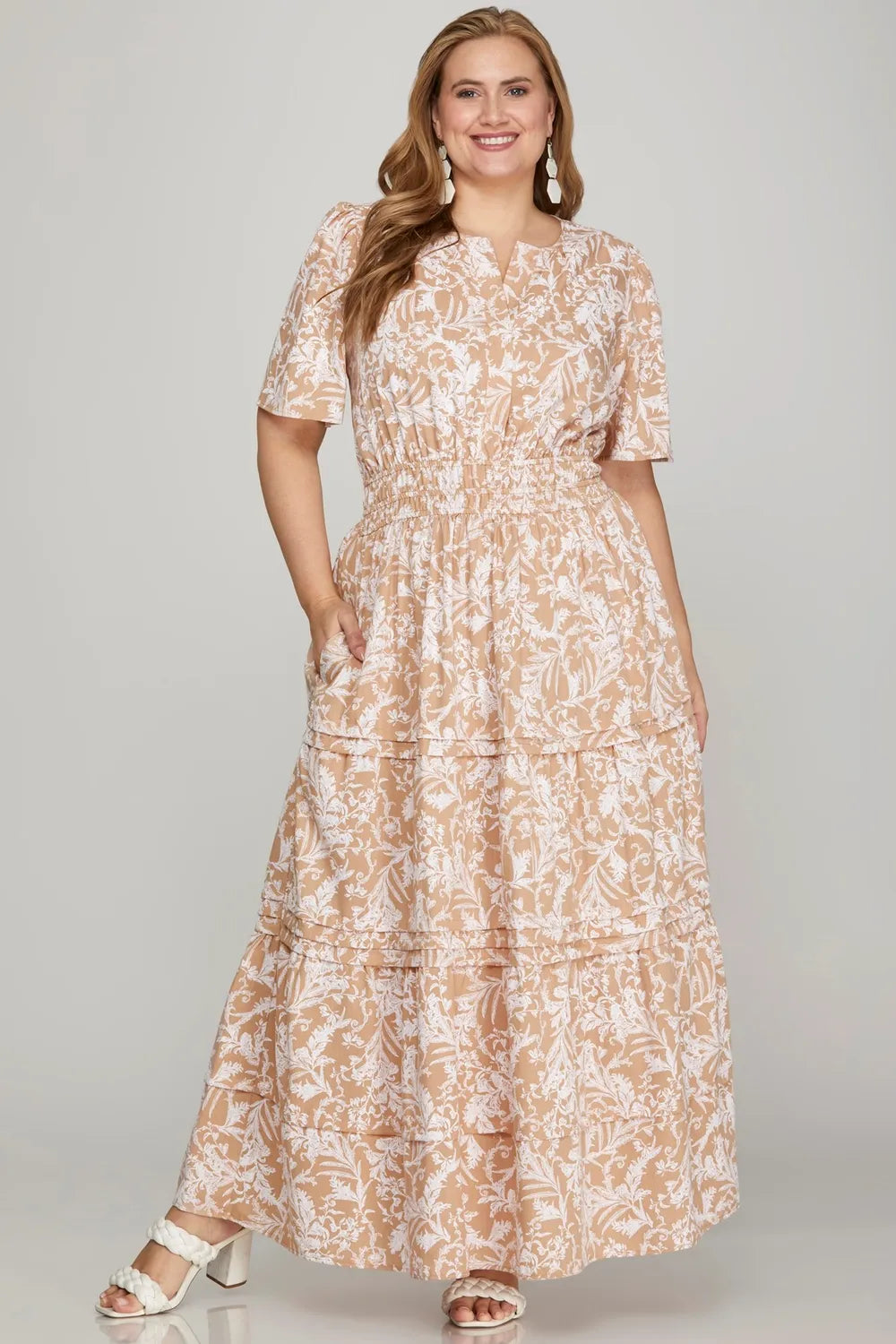 She + Sky Printed Notched Woven Tiered Pintuck Maxi Dress with Side Po – Fragrance Spice