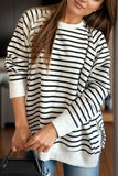 Slit Striped Round Neck Long Sleeve Sweatshirt - Fragrance Spice
