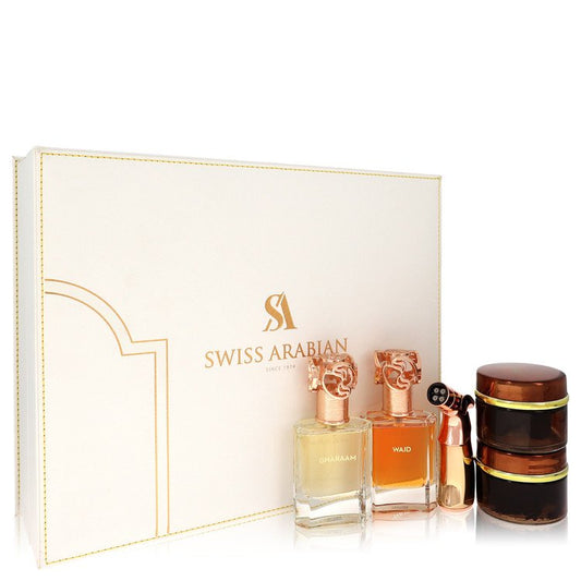 Swiss Arabian Bakhoor Dukhoon Al Haram by Swiss Arabian Gift Set -- Gift Set contains 2 x 1.7 oz Eau De Parfum in Wajd & Gharaam + 2 x 60 grams of Incense in Dukhoon Al Haram & Oud Muattar Mumtaz for Men - Fragrance Spice
