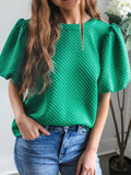 Texture Round Neck Puff Sleeve Blouse - Fragrance Spice