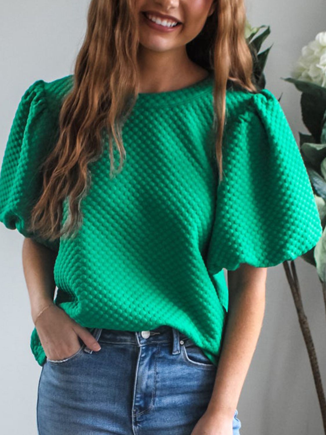 Texture Round Neck Puff Sleeve Blouse - Fragrance Spice
