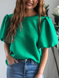 Texture Round Neck Puff Sleeve Blouse - Fragrance Spice