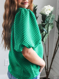 Texture Round Neck Puff Sleeve Blouse - Fragrance Spice