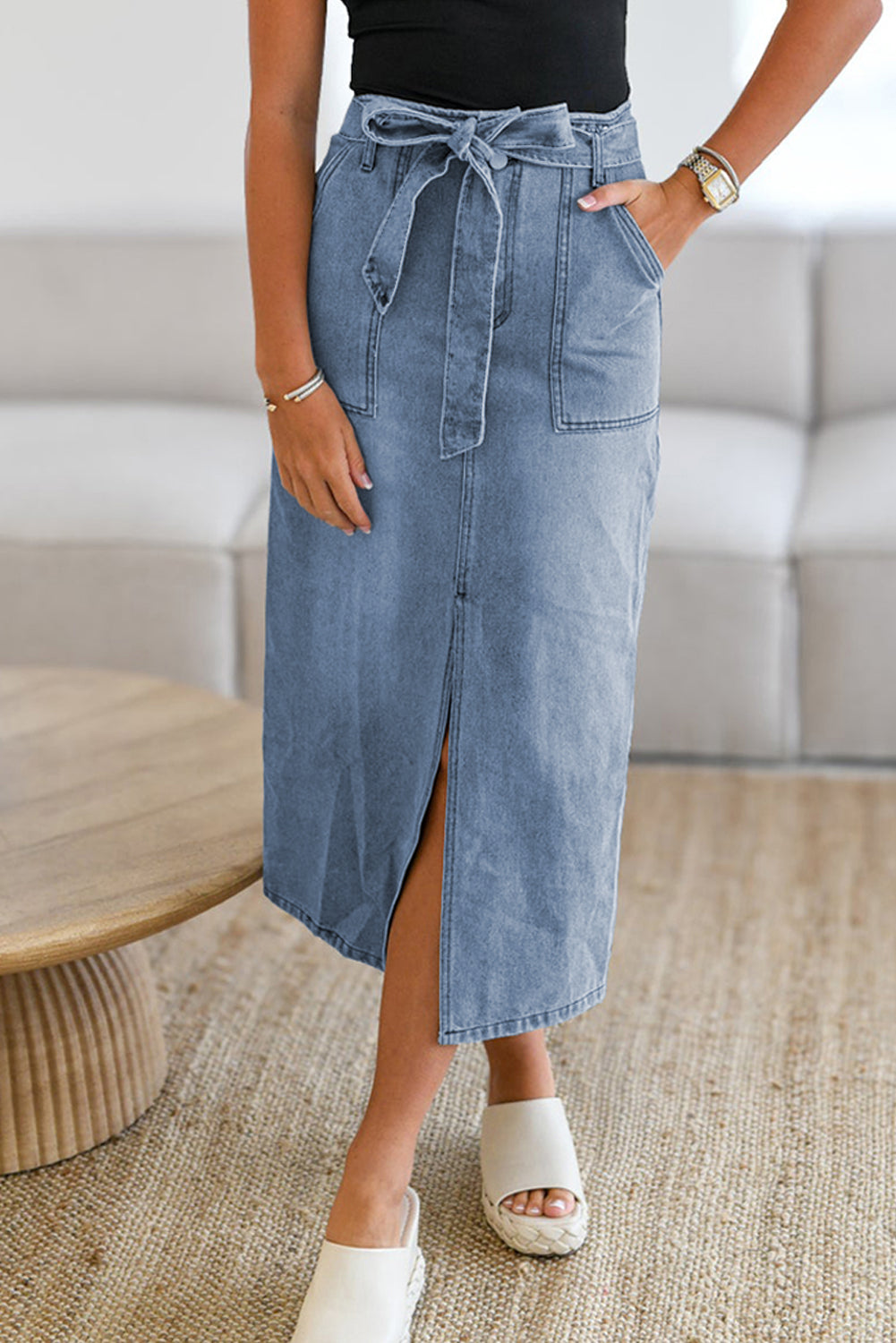 Tied Slit Denim Skirt - Fragrance Spice