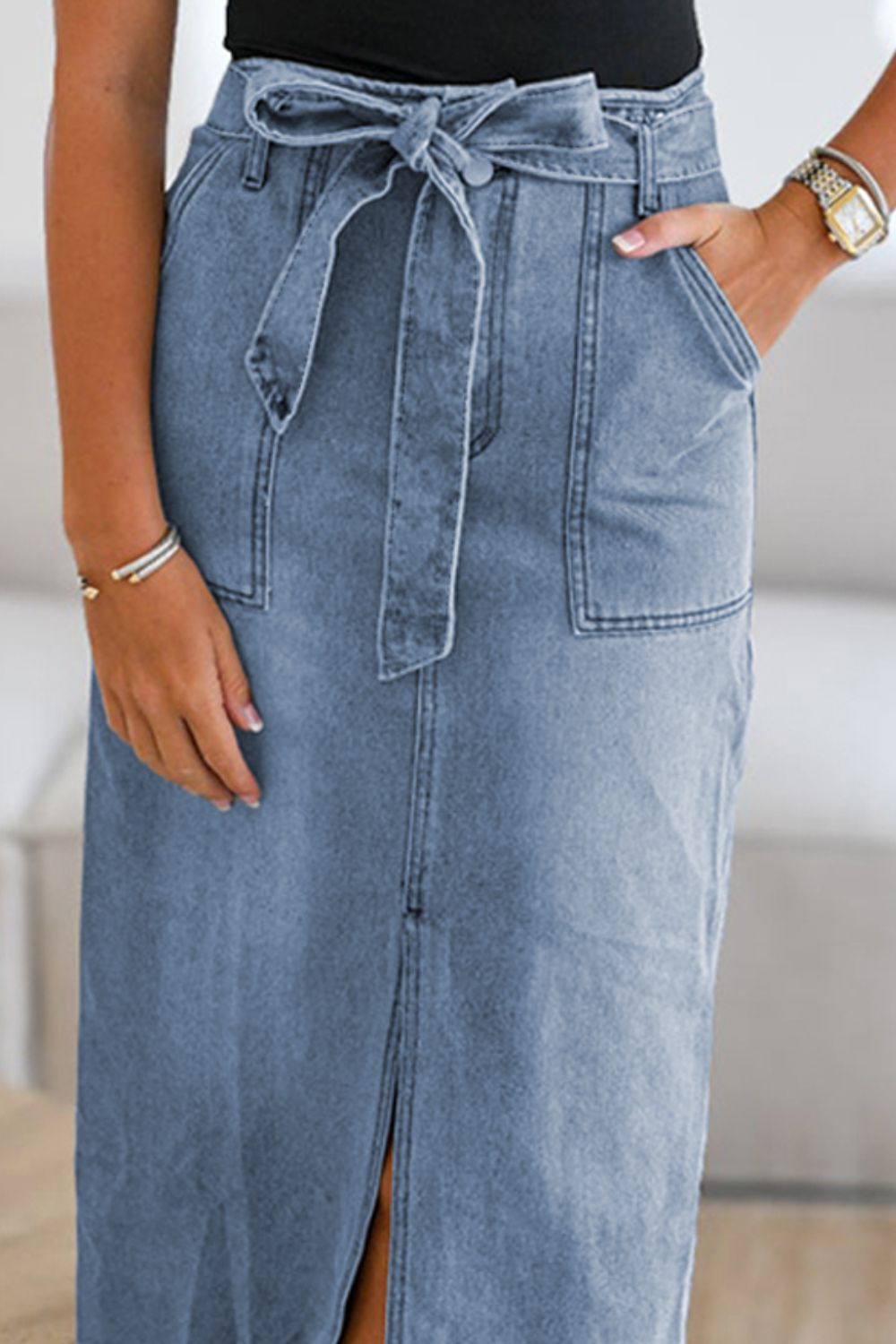 Tied Slit Denim Skirt - Fragrance Spice