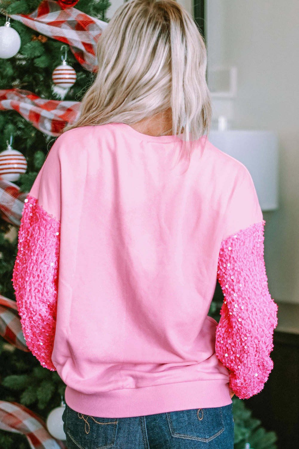 Valentine’s Day Sequin Heart Long Sleeve Sweatshirt - Fragrance Spice