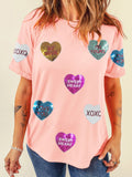 Valentine’s Day Sequin Heart Round Neck Short Sleeve T-Shirt - Fragrance Spice
