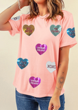 Valentine’s Day Sequin Heart Round Neck Short Sleeve T-Shirt - Fragrance Spice