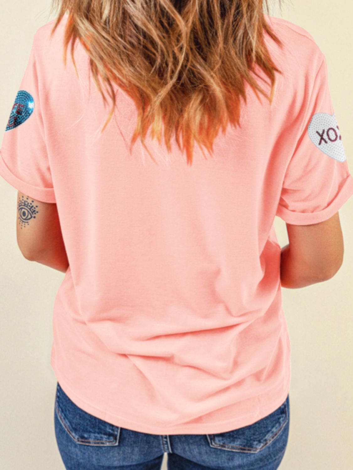 Valentine’s Day Sequin Heart Round Neck Short Sleeve T-Shirt - Fragrance Spice