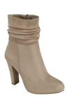 Ladies fashion gathered detail ankle boot, closed almond toe, block heel with zipper closure