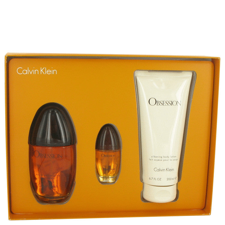 OBSESSION by Calvin Klein Gift Set -- 3.4 oz Eau De Parfum Spray + 6.7 oz Body Lotion + .5 oz Mini EDP Spray for Women - Fragrance Spice