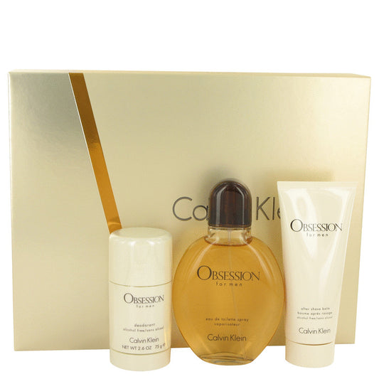 Obsession by Calvin Klein Gift Set -- 4 oz Eau De Toilette Spray + 3.4 oz After Shave Balm + 2.6 oz Deodorant Stick for Men - Fragrance Spice