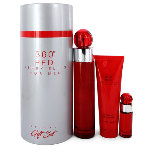 Perry Ellis 360 Red by Perry Ellis Gift Set -- 3.4 oz Eau De Toilette Spray + .25 oz Mini EDT Spray + 3 oz Shower Gel in Tube Box for Men - Fragrance Spice
